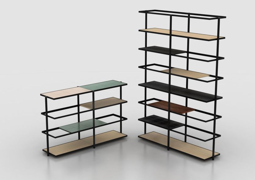 Layer by O Céu. Bookshelf with sliding partitions in wood and tiles. Made in Portugal.