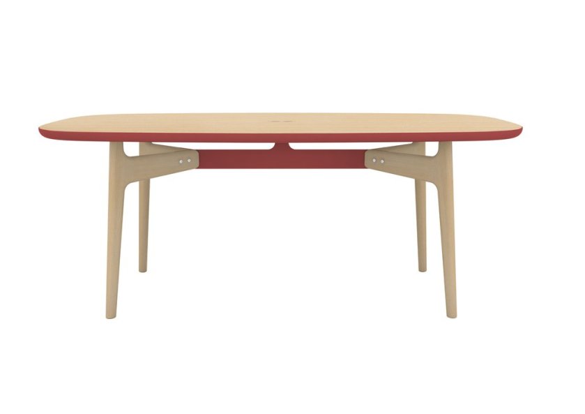 Norte dinner table by O Céu, in wood and red metal